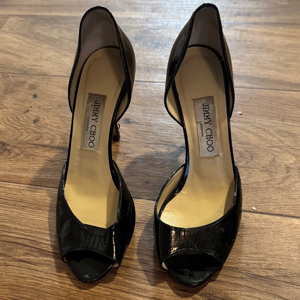 Jimmy Choo Black Patent Leather Peep-Toe Heels